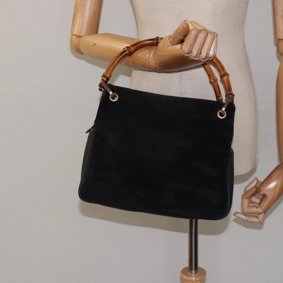 GUCCI Bamboo Hand Bag Suede Black Gold Auth - Picture 1 of 16